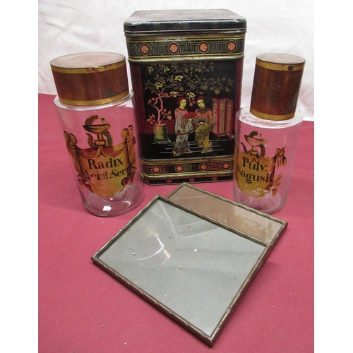 113 - Two C19th chemist/apothecary glass jars with hand painted gilt and handwritten labels, pair of bronz... 