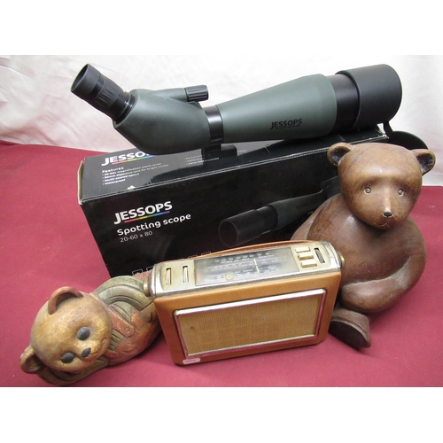 114 - Jessop's 20-60x80 waterproof spotting scope in box, Bush TR 130 1960's portable radio and two carved... 