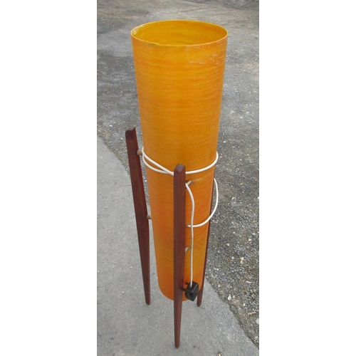 57 - Craig Revel Horwood Collection - 1960's floor lamp, tubular orange plastic shade on three teak Sputn... 