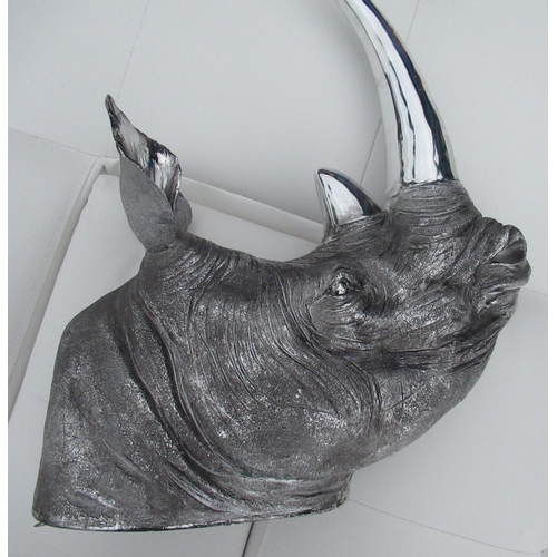 63 - Craig Revel Horwood Collection - wall mounted taxidermy style silver finish rhino head H43cm D50cm