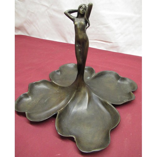 118 - Art Nouveau style bronzed four sectional tray with central semi clad lady H26cms