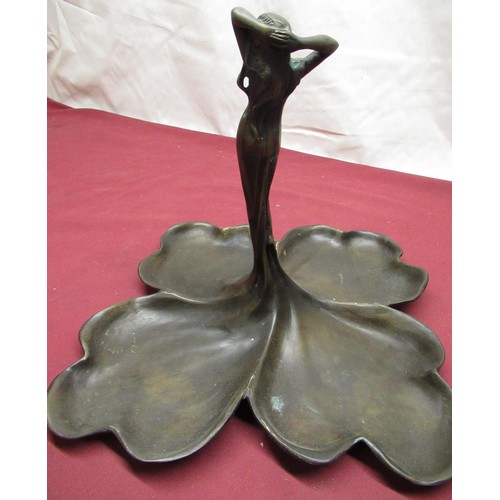 118 - Art Nouveau style bronzed four sectional tray with central semi clad lady H26cms