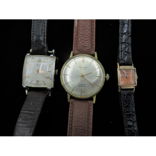 23 - 1940s Avia hand wound wristwatch, square cushion rolled gold case on leather strap snap on stainless... 