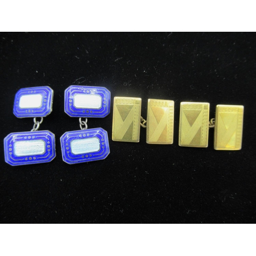 46 - Pair of Sterling silver and two colour blue enamel rectangular cufflinks, a pair of rolled gold Deco... 