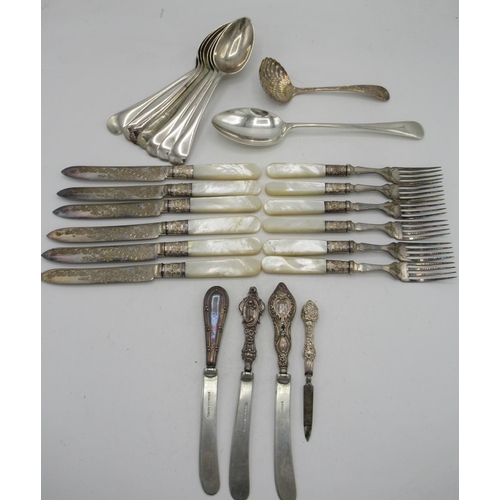 81 - Set of six dessert knife and forks with Mother of Pearl handles and hallmarked silver collars, three... 