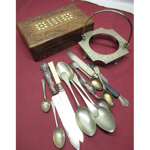 80 - Chinese style wooden box with a small selection of silver plated cutlery including: carving knives, ... 