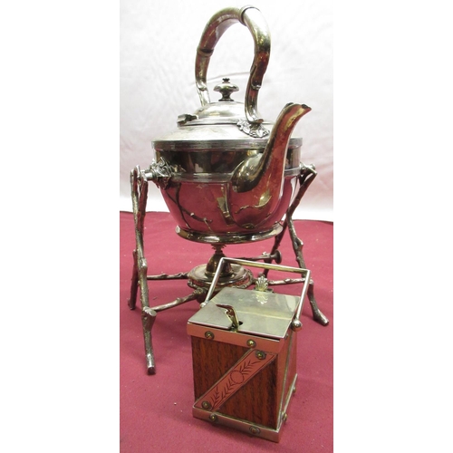 83 - Late C19th early C20th Secessionist style golden oak and silver plated square mustard pot with ceram... 