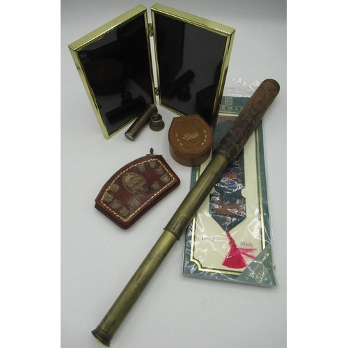 166 - Antique telescope with leather bound handle, handmade woven silk bookmark and a brass hinged set of ... 