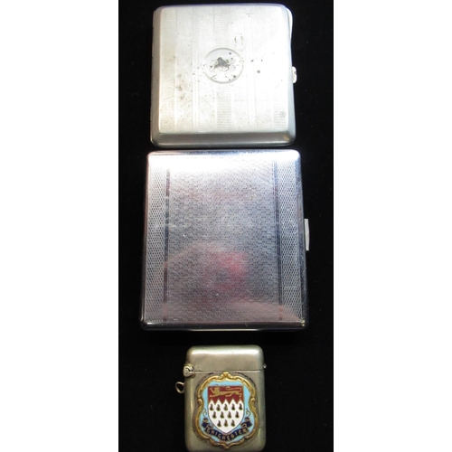 78 - Silver plated Vesta with Chichester crest to front stamped EPNS and two cigarette cases (3)