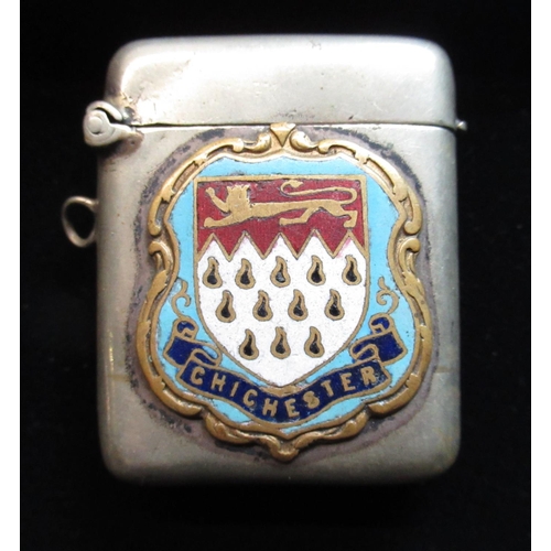 78 - Silver plated Vesta with Chichester crest to front stamped EPNS and two cigarette cases (3)