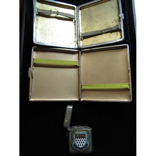 78 - Silver plated Vesta with Chichester crest to front stamped EPNS and two cigarette cases (3)