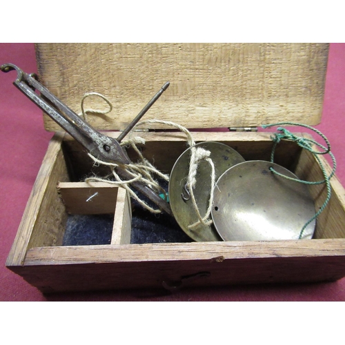 219 - Late C19th jewellers scales in fitted pine box and a wicker sewing basket containing turned wooden l... 