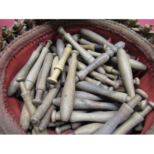 219 - Late C19th jewellers scales in fitted pine box and a wicker sewing basket containing turned wooden l... 