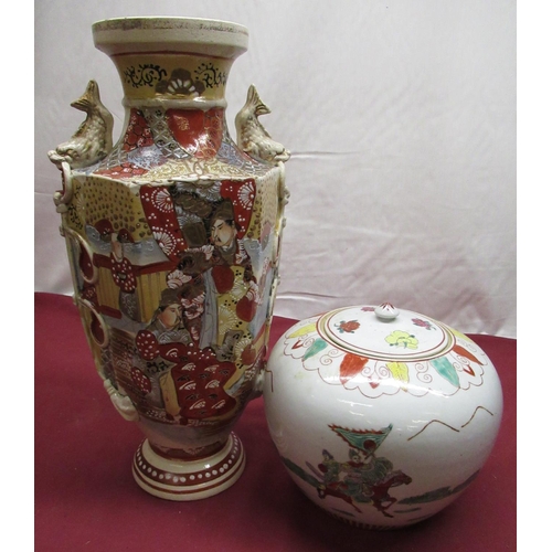 229 - Late C20th hexagonal baluster Japanese satsuma ware vase, decorated with warriors, highlighted in gi... 