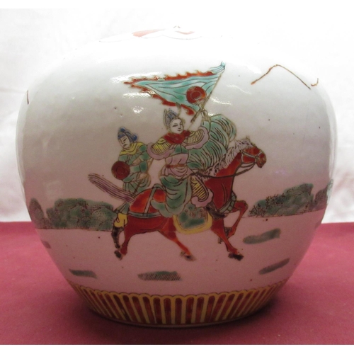 229 - Late C20th hexagonal baluster Japanese satsuma ware vase, decorated with warriors, highlighted in gi... 