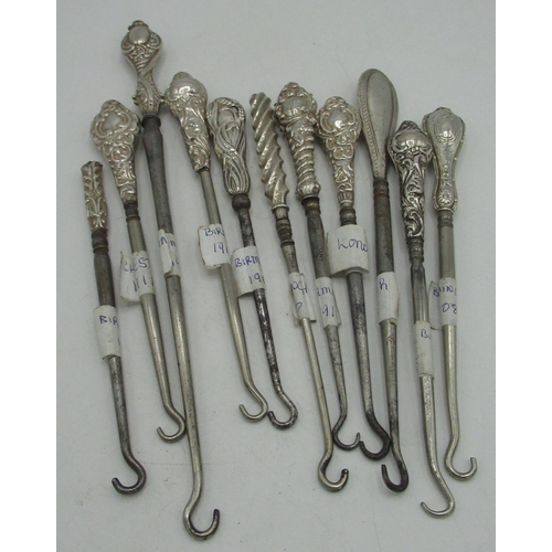 96 - Collection of eleven Victorian and later hallmarked silver button hooks,