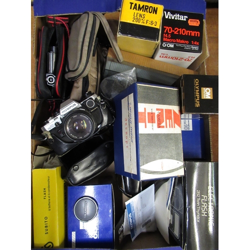 123 - Collection of various camera equipment including an Olympus OM10 with 50mm 1.8, manual adapter, vari... 