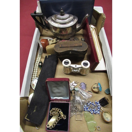 128 - C19th EPBM batchelors teapot with ebony handle, C20th opera glasses with mother of pearl bodies in o... 