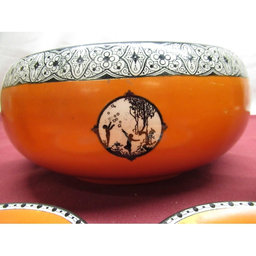 162 - Carlton Ware orange black and white bowl with black and white decoration of children playing, five s... 