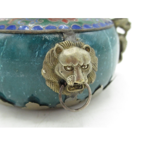 163 - Small Chinese cloisonné bowl with brass lions head masks, dragon shaped handles, four digit signatur... 