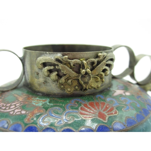 163 - Small Chinese cloisonné bowl with brass lions head masks, dragon shaped handles, four digit signatur... 