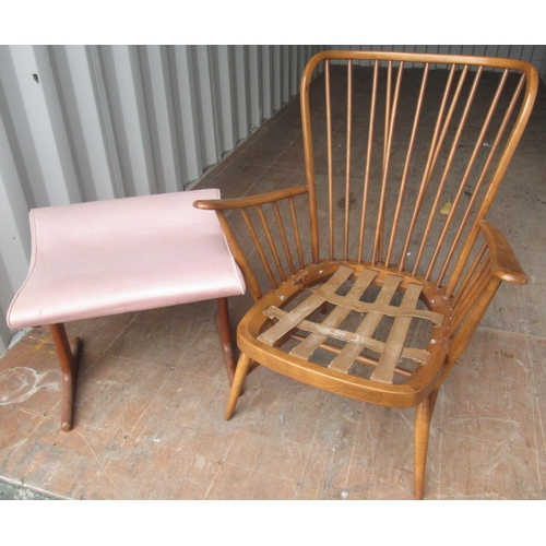 255 - Light Ercol stick back low armchair (lacks cushions) and a mid century teak dressing table stool wit... 
