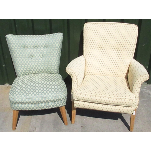 176 - Jon Culshaw Collection - Parker Knoll upolstered chair with button back and out scrolled arms on oak... 