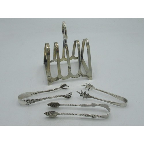 91 - Eliz.II hallmarked silver five bar toast rack and three pairs of silver sugar tongs, 1.1ozt gross