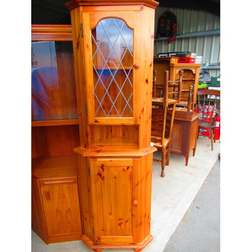 367 - Pine corner unit with one glass door above one panel door W62cm D40cm H185cm