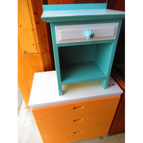 366 - Meredew chest of three drawers, painted white and orange W71cm D40cm H71cm and a modern bedside tabl... 