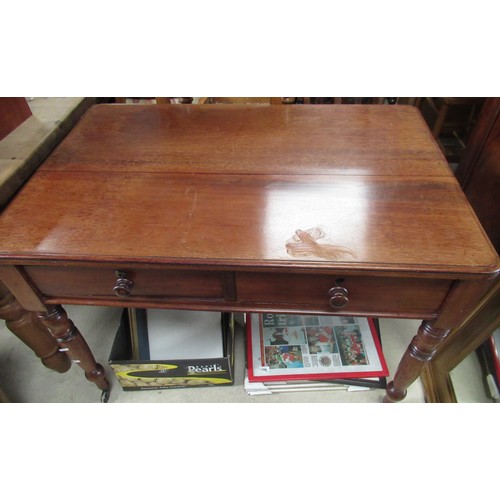 371 - Victorian mahogany writing table, rounded rectangular top with two frieze drawers and turned wooden ... 