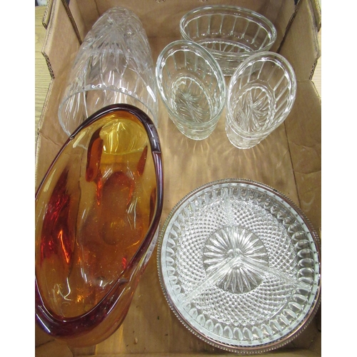 407 - 1970's amber tinted lead crystal vase H15.5cm, three moulded glass jelly moulds, lead crystal trumpe... 