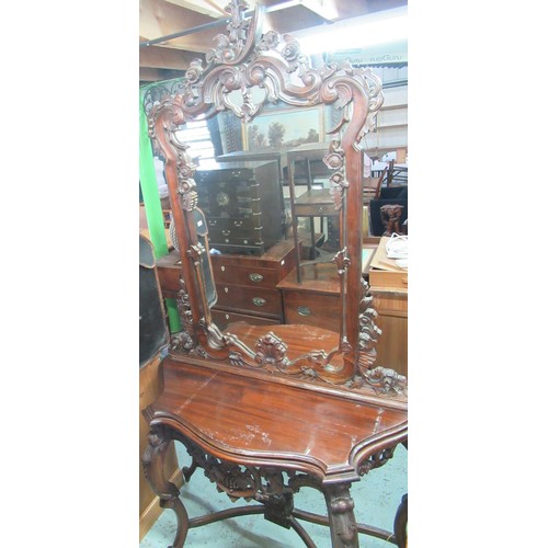 412 - Chippendale style console mirror with pierced scrolled cresting and a matching serpentine front cons... 