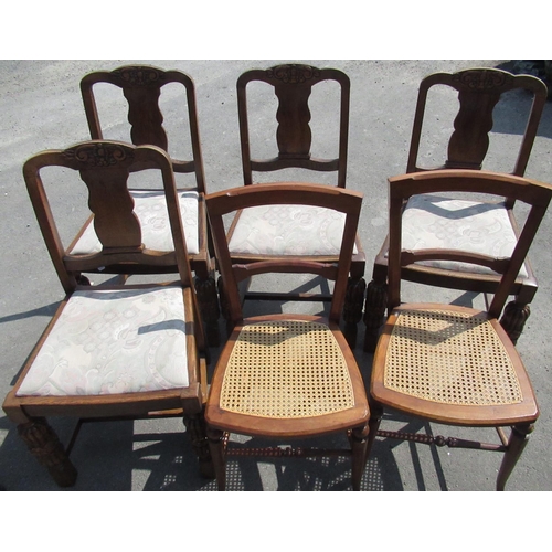 425 - Pair of Edwardian walnut cane seat bedroom chairs, stamped WP and a set of four 1930's oak dinning c... 