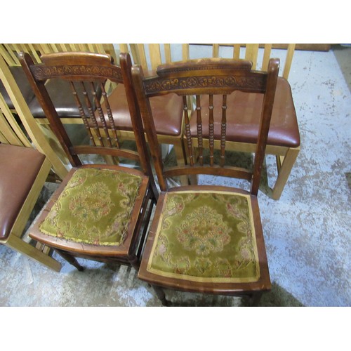 434 - Pair of Edwardian walnut bedroom chairs with spindle turned backs and stuffed over seats on slender ... 