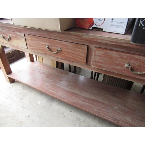 380 - Vintage waxed finished pot board type dresser with three drawers on square tapered supports W176cm D... 