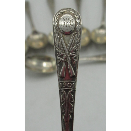 2098 - Of Bisley Shooting Interest - set of eight Edw.VII hallmarked silver tea spoons, handles decorated w... 