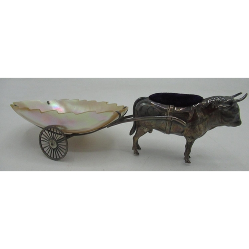 2099 - Edw.VII hallmarked silver pin cushion modelled as a bullock pulling a mother of pearl cart, L16cm by... 