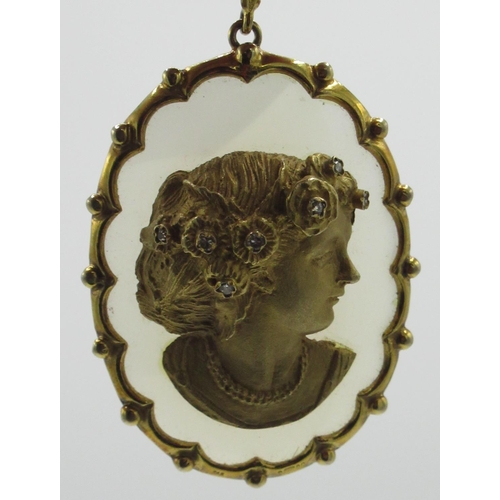 2129 - Edwardian 9ct gold hallmarked and chalcedony oval cameo pendant, the girl with five diamond set hair... 