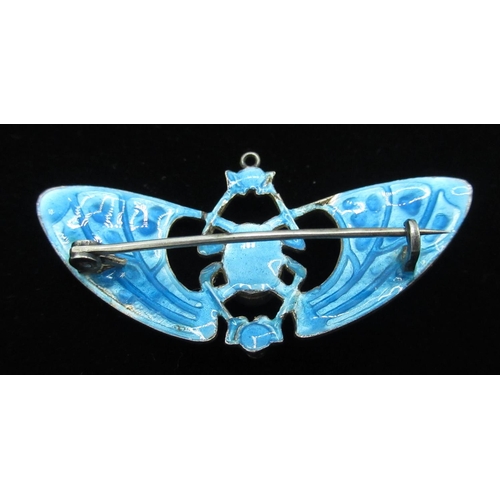 2130 - Art Nouveau Ramsden style silver and turquoise enamel butterfly brooch with inset pearl centre