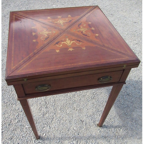 2339 - Edwardian Sheraton revival satinwood banded and inlaid mahogany envelope top card table, swivel open... 