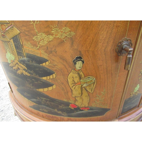 2341 - C20th figured walnut demi-lune side cabinet, chinoiserie  decorated with figures and pagodas on shel... 