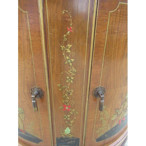 2341 - C20th figured walnut demi-lune side cabinet, chinoiserie  decorated with figures and pagodas on shel... 