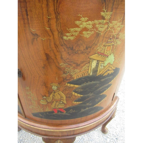 2341 - C20th figured walnut demi-lune side cabinet, chinoiserie  decorated with figures and pagodas on shel... 