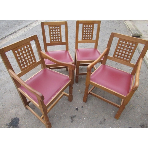 2006 - Robert Mouseman Thompson - set of four oak dining chairs including two elbow chairs, with lattice ba... 
