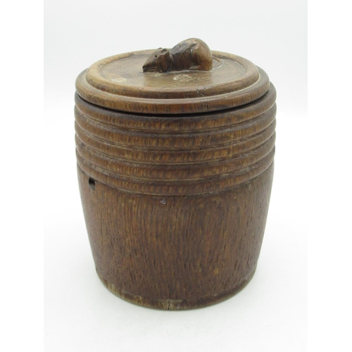 2023 - Robert Mouseman Thompson - turned oak biscuit barrel, cylindrical body with reeded frieze, the lid w... 