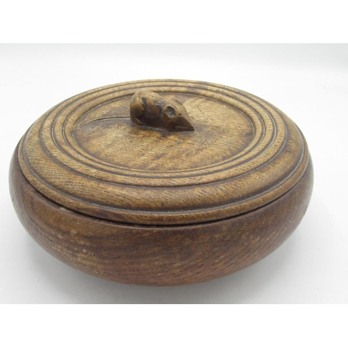 2028 - Robert Mouseman Thompson - turned oak bowl, the lid with reeded detail and carved with signature mou... 