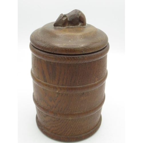 2024 - Robert Mouseman Thompson - turned oak biscuit barrel, cylindrical body with four raised bands, the s... 