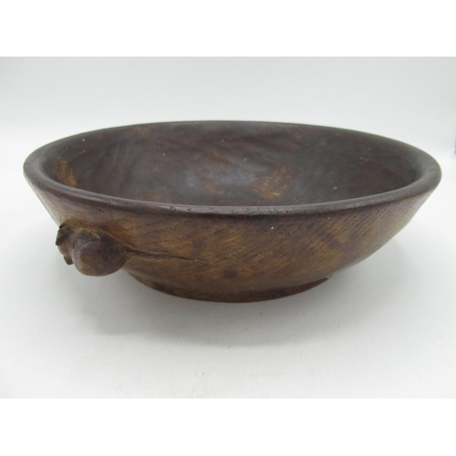 2041 - Robert Mouseman Thompson - adzed oak circular nut dish, carved with signature mouse, D24cm, probably... 