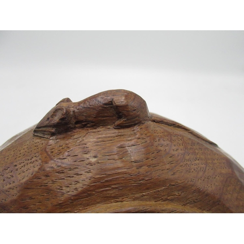 2060 - Robert Mouseman Thompson - adzed oak small circular nut dish, carved with signature mouse, D17cm, pr... 